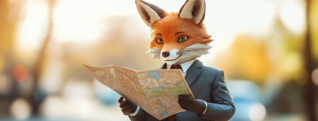 Enthusias A cute fox in a business suit holding a road map in 374e538f 1650 46ac 85a6 861a68a58faa 0