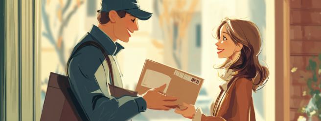 Enthusias A mail carrier handing a package to a pretty woman 93b1cac0 b74a 431e ae08 db9b0b2821d7 2