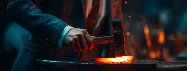 Enthusias A man in a business suit forging a still glowing ho 79450a3d 5364 4222 9fd7 82646d3fe8c8 1