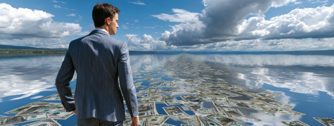 Enthusias A man in a business suit sees a mirage in the dista 1424a3f7 ea8a 46df 95e8 60f01af9a8f6 3