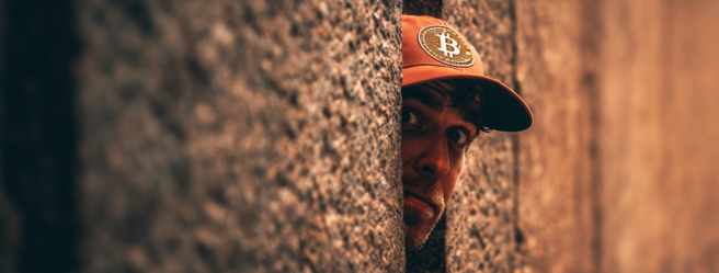 Enthusias A man wearing a Bitcoin cap hiding behind a wall 02eb1554 eaa0 4c54 9b5d b896561f518c 1