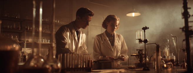 Enthusias Chemistry lab with two employees 1950s style Cine 9d1a62b5 e331 4896 a6a2 990ac53820d1 2