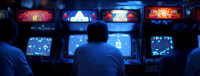 Enthusias Ein Investor der an einem Spielkasten der 80er Jahr 16fbc0ee 5b3c 4244 9d10 c1787b6bcae6 0