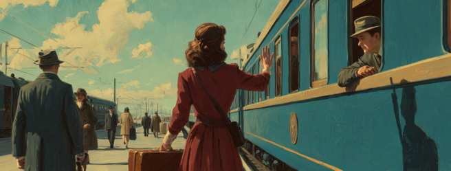 Enthusias Scene in 1940 A woman stands on the platform and w 47c14219 62ec 40bf 9392 678e93146d19 2