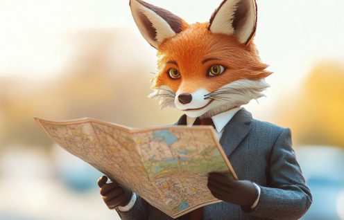 Enthusias A cute fox in a business suit holding a road map in 374e538f 1650 46ac 85a6 861a68a58faa 0