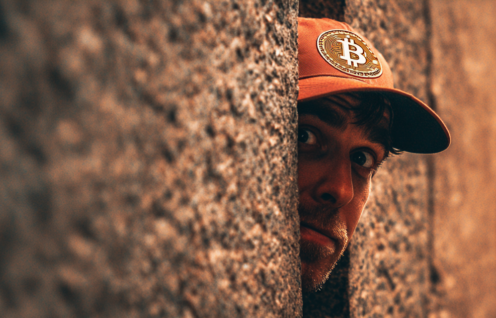 Enthusias A man wearing a Bitcoin cap hiding behind a wall 02eb1554 eaa0 4c54 9b5d b896561f518c 1