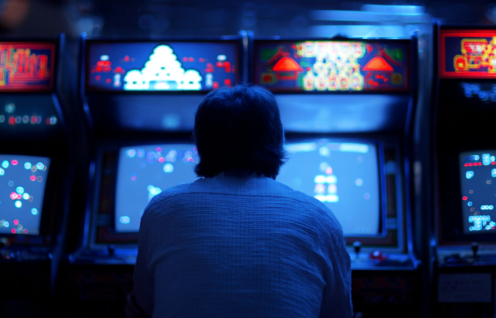 Enthusias Ein Investor der an einem Spielkasten der 80er Jahr 16fbc0ee 5b3c 4244 9d10 c1787b6bcae6 0