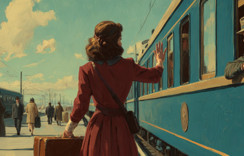 Enthusias Scene in 1940 A woman stands on the platform and w 47c14219 62ec 40bf 9392 678e93146d19 2